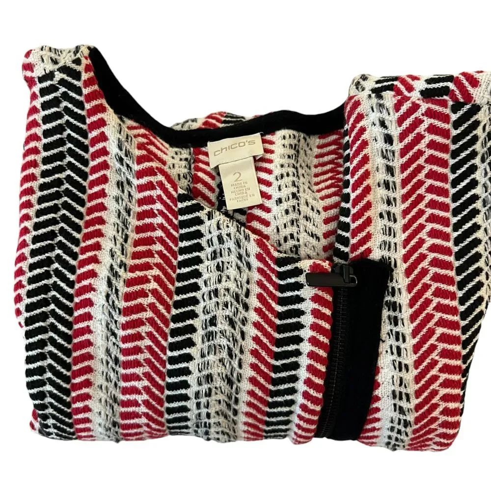 CHICOS Red‎ Black Asymmetrical Full Zip Textured Bold Moto Sofia Cardigan Size 2